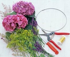 Hydrangea wreath with lady's mantle and lavender