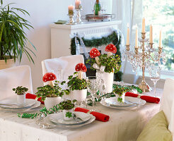 Table decoration for New Year's Eve with oxalis (lucky clover) with toadstools