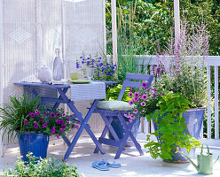 Blue-white balcony with screen as screen and awning