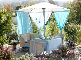 Seating area under sunshade with additional awnings