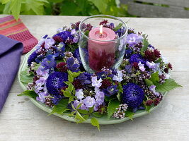 Wreath of phlox (flame flowers), callistephus (summer asters), scabiosa