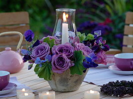 Purple arrangement with lantern