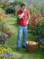 Young man with freshly harvested apples in a wicker basket