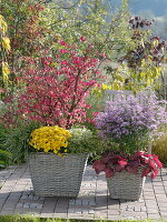 Herbstlich bepflanzte Körbe auf der Terrasse