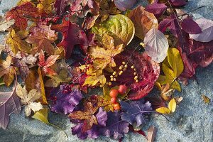 Stillleben mit herbstlichen Blättern und Beeren