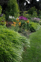 Hakonechloa macra (Japangras), Lilium Tigrinum-Hybride 'Pearl Stacy' (Tiger-Lilie), Hosta 'White Triumphator'(Funkien), Astilbe chinensis (Astilben) und Anemone hupehensis 'Septembercharme' (Herbst-Anemone)