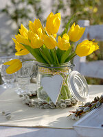 Yellow Tulipa (tulips) in a lidded glass, decorated with ribbon
