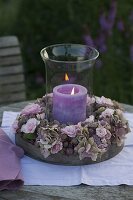 Lantern with wreath of Rosa (roses), Astrantia (starflower), Achillea