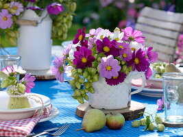 Late summer table decoration with hops and garden cosmos