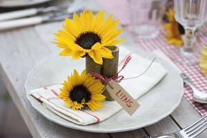 Tischdeko mit Sonnenblumen und Riesenknöterich