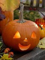 Pumpkin heads on a wooden bench