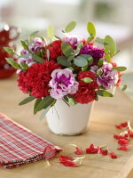 Small bouquet of dianthus (carnation) and eucalyptus