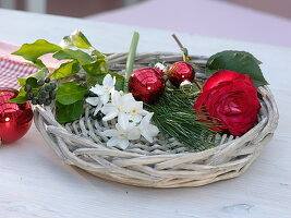 Fragrant red and white Christmas table decorations: Rosa (roses), Narcissus 'Ziva'