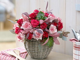 Winter bouquet of roses, Dianthus 'Arthur', Eucalyptus