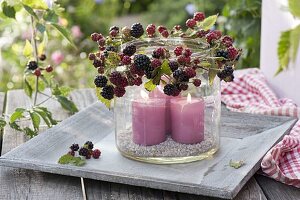 Breites Glas als Windlicht mit Kranz aus Brombeeeren (Rubus)