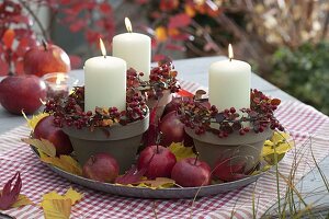 Herbstliche Kerzendeko mit weißen Kerzen in Tontöpfen