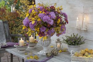 Autumn bouquet with chrysanthemum, carpinus branches