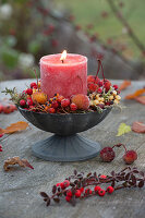 Kerze in Schale mit Beeren und Wildfrüchten mit Rauhreif