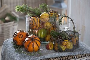 Christmas scent arrangement of oranges spiked with cloves