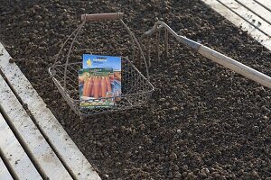 Drahtkorb mit Möhren-Samen und Gartenkreil im Gemüsebeet