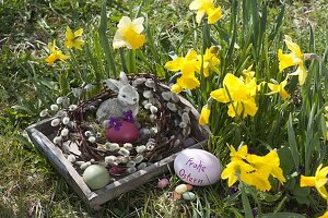 Ostern im Garten: Osternest mit Kranz aus Salix (Kätzchenweide)