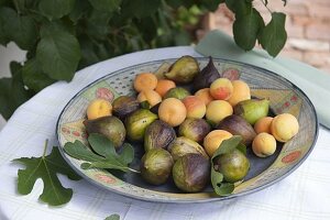 Getöpferte Schale mit Feigen (Ficus carica) und Aprikosen