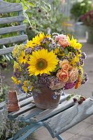 Bouquet with Helianthus (sunflowers), Rosa (roses), Oregano (Origanum)