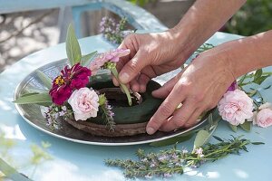 Pasted wreath with roses and zinnias