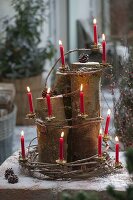 Christmas decoration on the terrace made of tree trunks