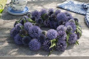 Wreath made from flowers of Echinops ritro (globe thistle)