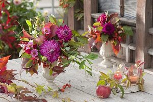 Autumn bouquet of Dahlia (dahlias), Zinnia (zinnias), apples, ornamental apples