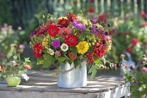 Colorful bouquet with zinnia, blackberries and fennel