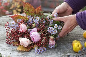 Zutaten für Herbststrauss: Rosa (Rosen und Hagebutten), Aster
