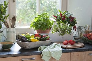 Wooden bowl with freshly picked vegetables from the garden