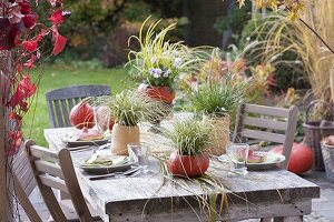 Autumnal pumpkin table decoration with grasses
