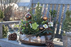 Winterfest planted copper bowl on wooden bench