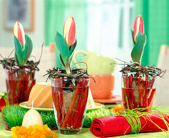 Wild tulips in glass with water, branches of cornus