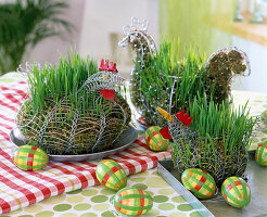 Wire hens with wheatgrass