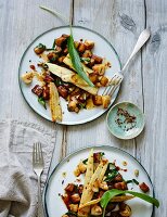 Warm aubergine salad with grilled bamboo and mushrooms (low carb)