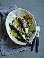 Stuffed oven-baked sardines on a bed of courgette (low carb)