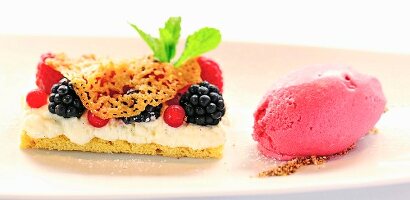 A berry slice with raspberry ice cream