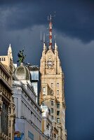 Architecture on the Gran Via shopping street in Madrid, Spain