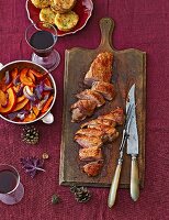 Goose breast with pumpkin and red onion