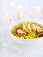 Crab tails in saffron and leek sauce with fusilli pasta and roasted tomatoes (Christmas)