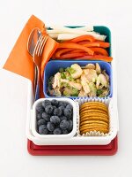 A packed lunch with chicken, vegetables, blueberries and crackers