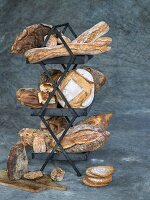 Various bread types on a stand