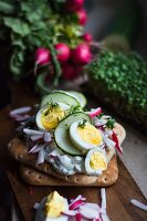 Quick egg bread with cucumbers and radishes