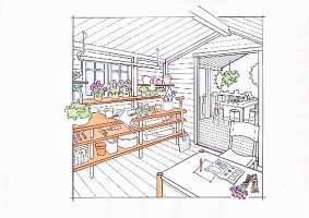 Illustration: Tischkonstruktion für Pflanzen und Gartenutensilien in einer Gartenlaube