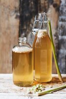 Homemade Kombucha tea with lemongrass in bottles