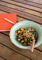 Fried tofu with potatoes and vegetables